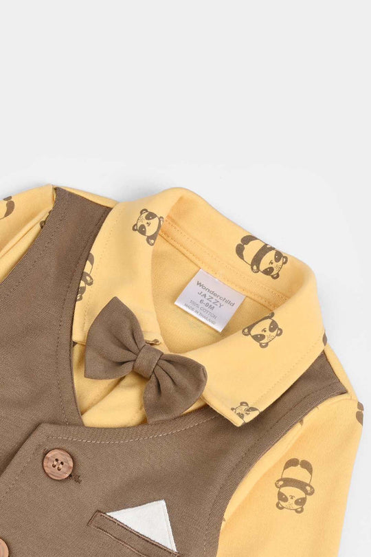 Infant Boys Cotton Interlock Romper-Brown/Yellow
