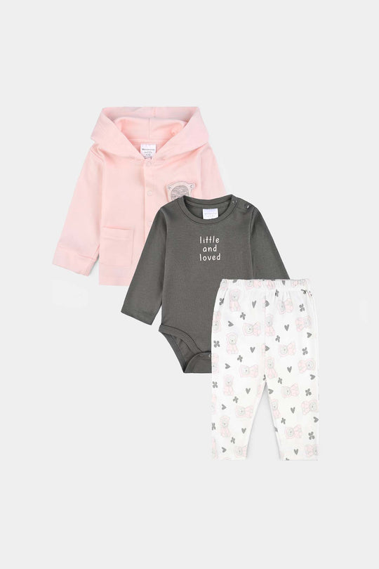 Infant Girls Cotton Interlock 3 PC Set-Pink/Grey/White
