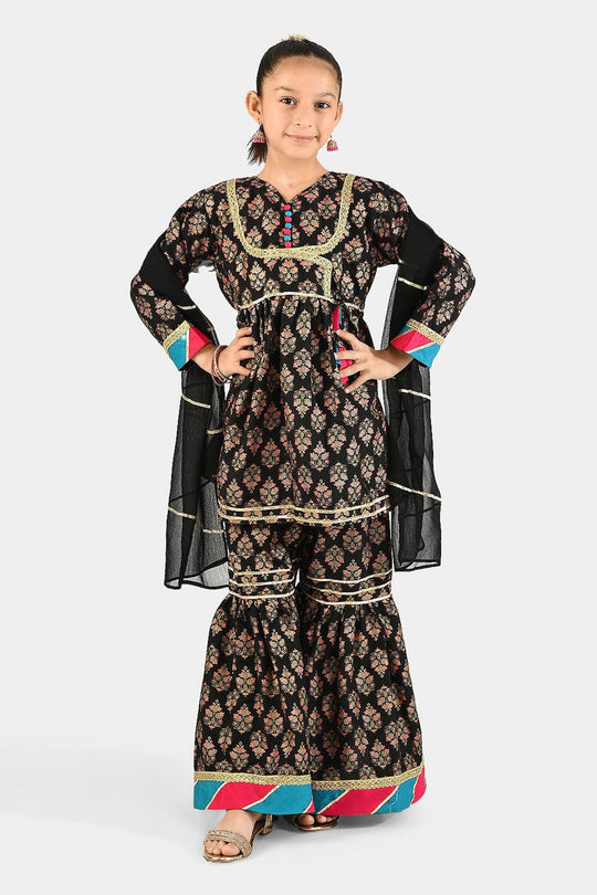 Girls Raw Silk 3Pcs (Gulzar-E-Noor) - Black