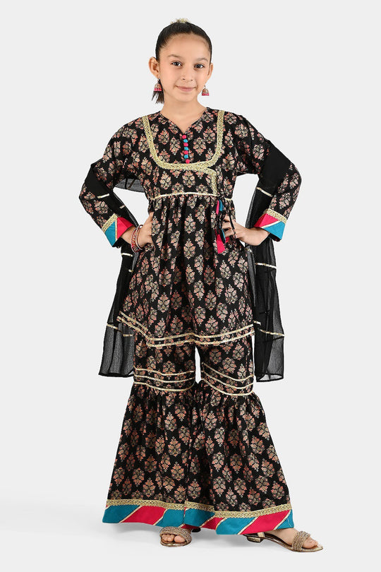 Girls Raw Silk 3Pcs (Gulzar-E-Noor) - Black