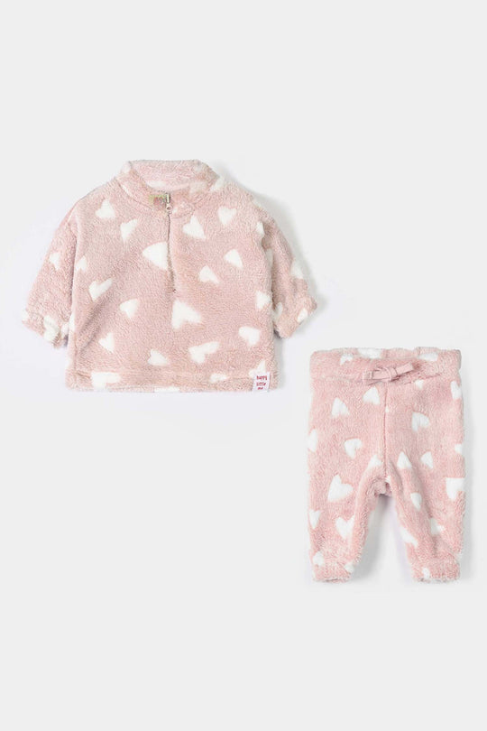 Infant Girls Sherpa 2Pcs Suit Little Hearts - PINK