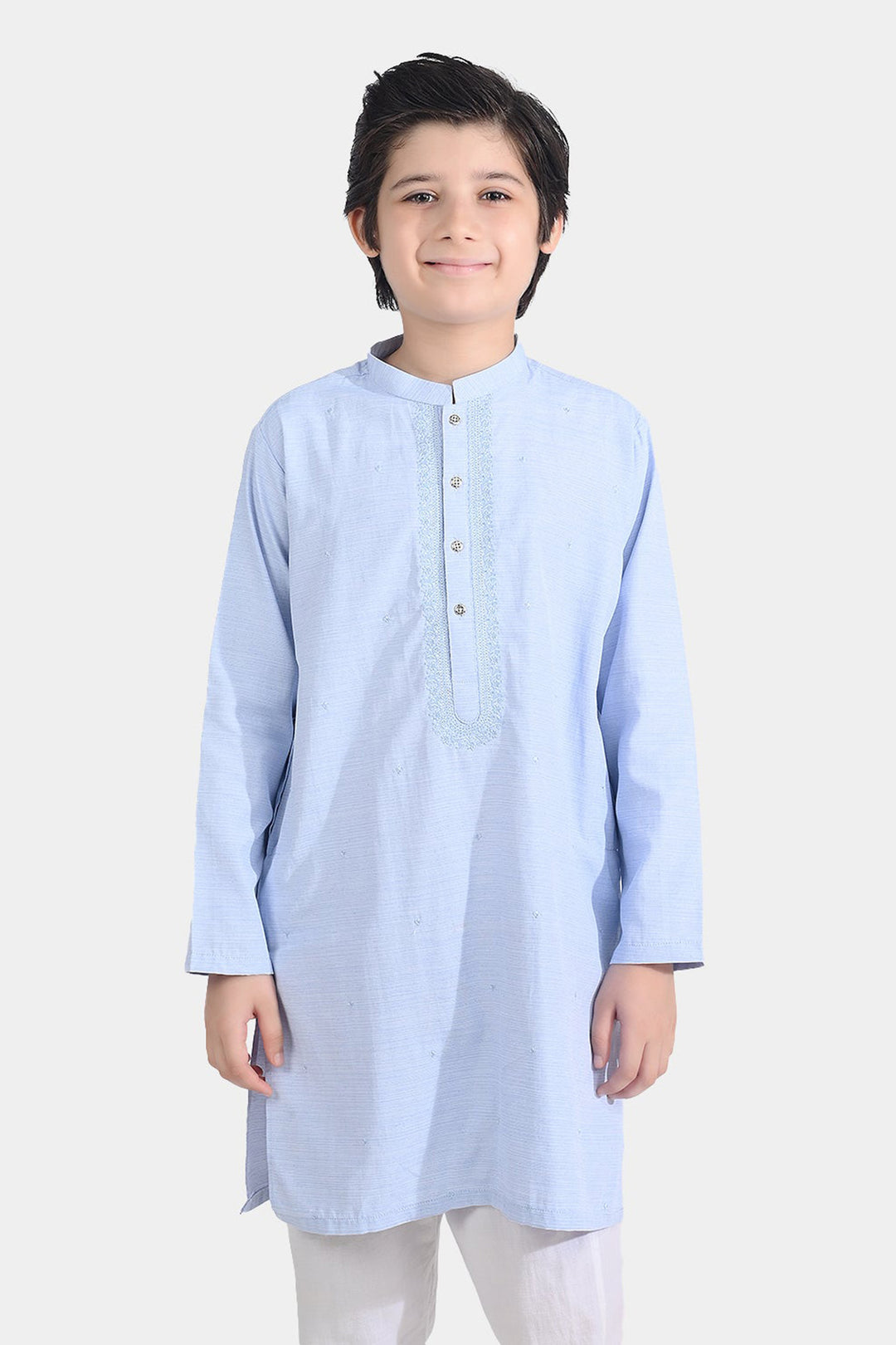 Boys Poly Viscose Embroidered Kurta (Slub EMB)-L.Blue