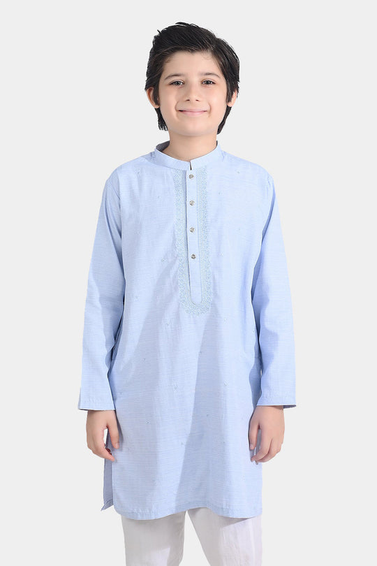 Boys Poly Viscose Embroidered Kurta (Slub EMB)-L.Blue