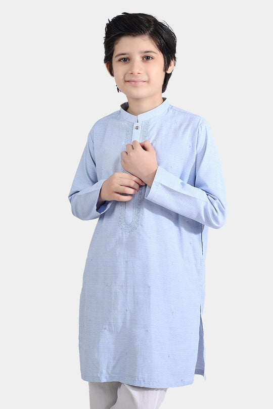 Boys Poly Viscose Embroidered Kurta (Slub EMB)-L.Blue