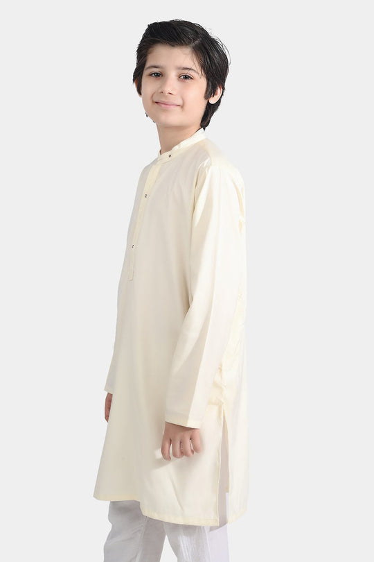 Boys Poly Viscose Embroidered Kurta (Contrast EMB)-Cream