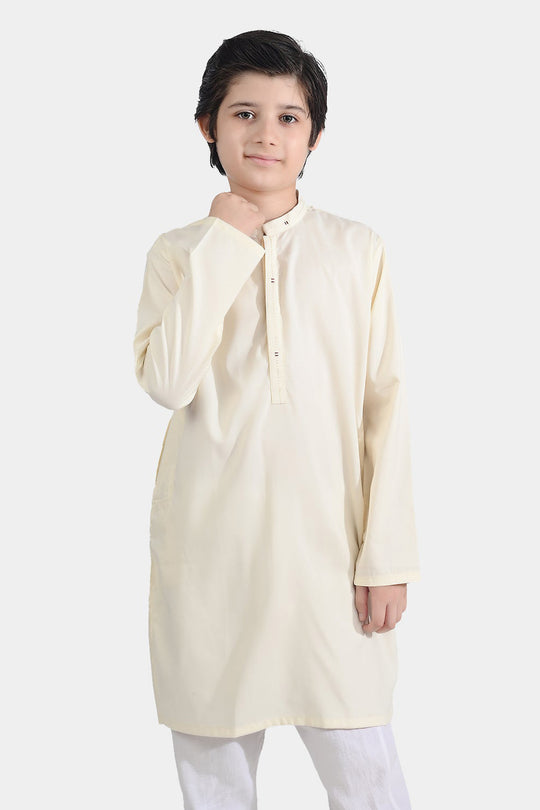 Boys Poly Viscose Embroidered Kurta (Contrast EMB)-Cream