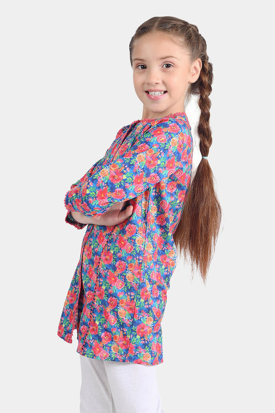 Girls Cotton Poplin Printed Kurti Floral-Multi