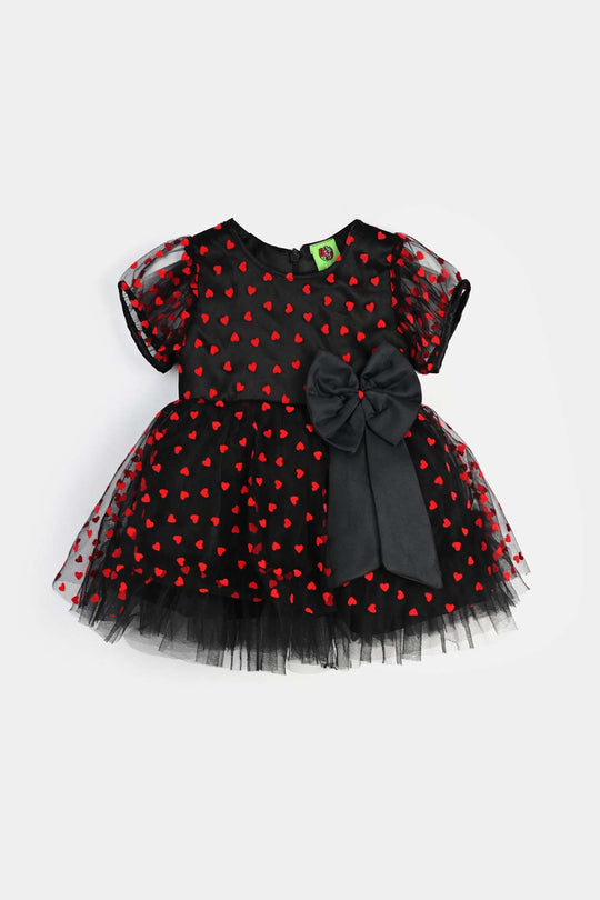 Infant Girls Velvet Fancy Frock-Heart-Red