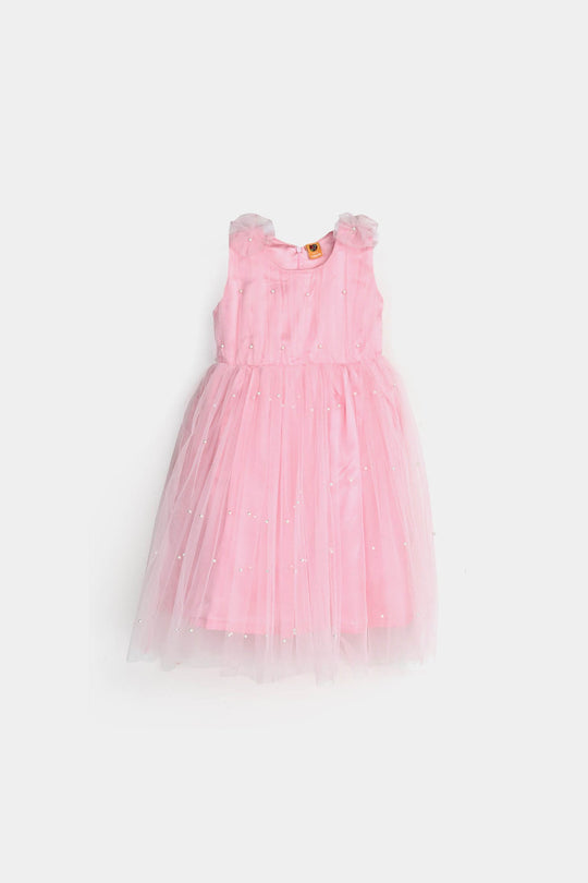 Girls Net Fancy Frock Pearls-PINK