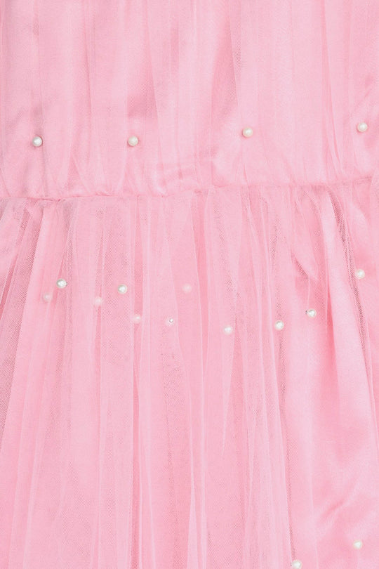 Girls Net Fancy Frock Pearls-PINK