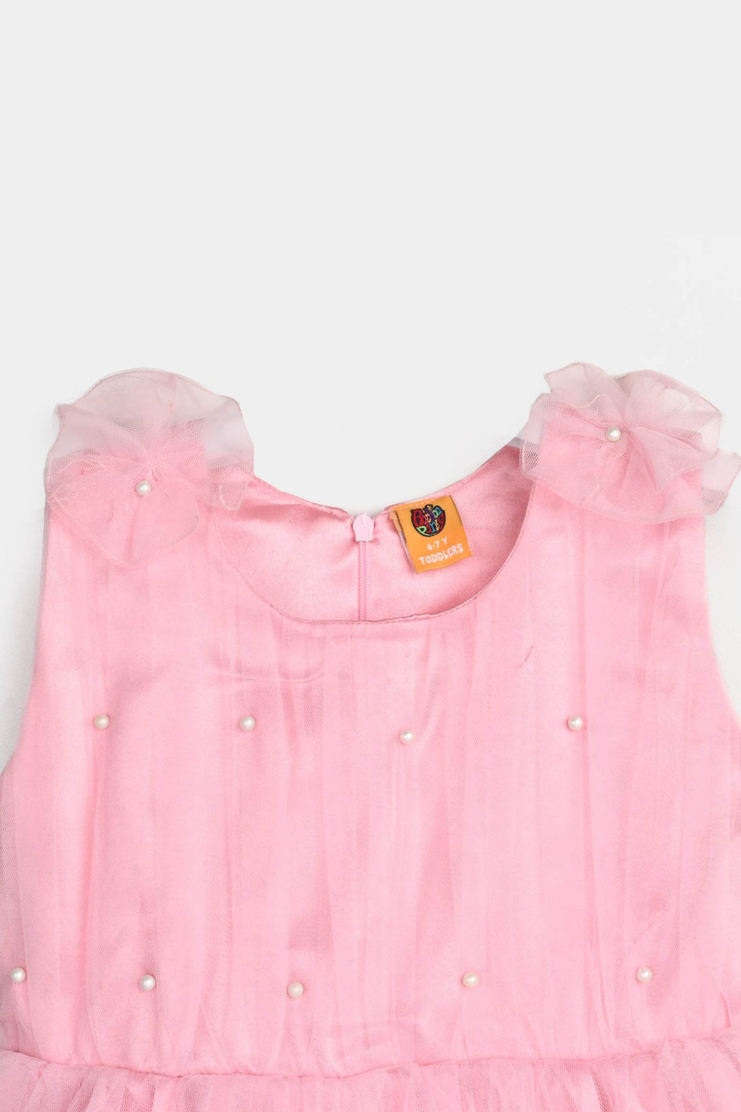 Girls Net Fancy Frock Pearls-PINK