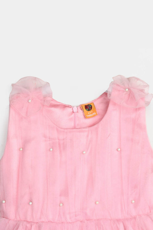 Girls Net Fancy Frock Pearls-PINK