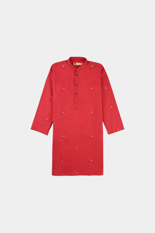 Boys Cotton Poplin Embroidered Kurta (Ornamental)-Red