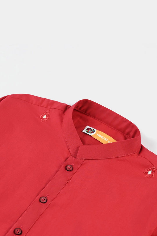 Boys Cotton Poplin Embroidered Kurta (Ornamental)-Red