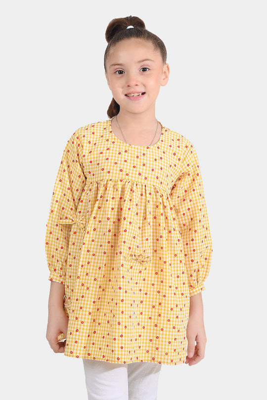 Girls Cotton Casual Frock Yellow Checks-Mustard