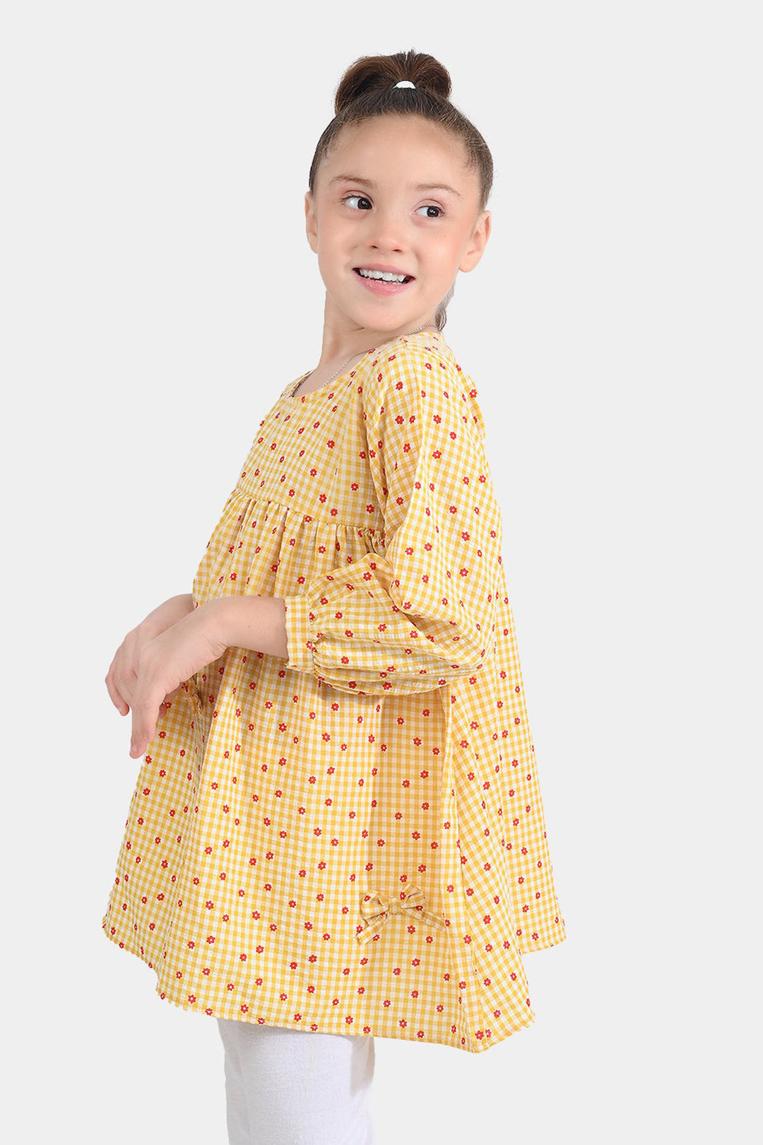 Girls Cotton Casual Frock Yellow Checks-Mustard