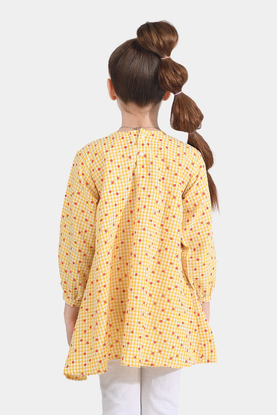 Girls Cotton Casual Frock Yellow Checks-Mustard