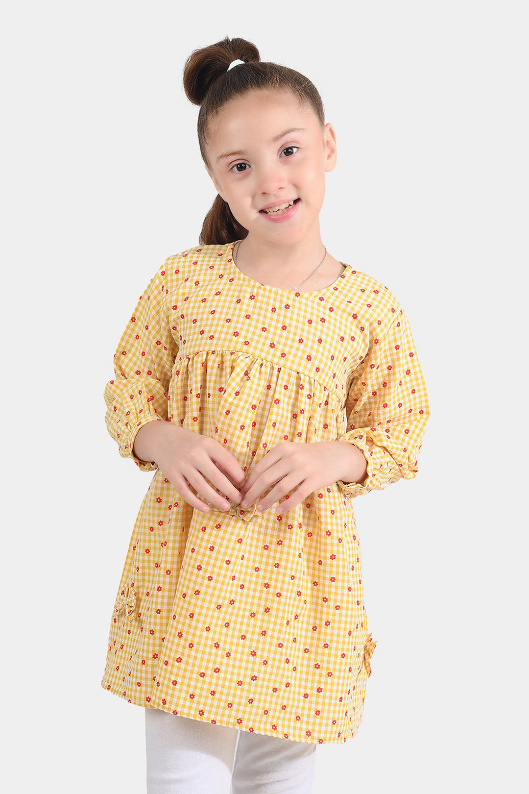 Girls Cotton Casual Frock Yellow Checks-Mustard