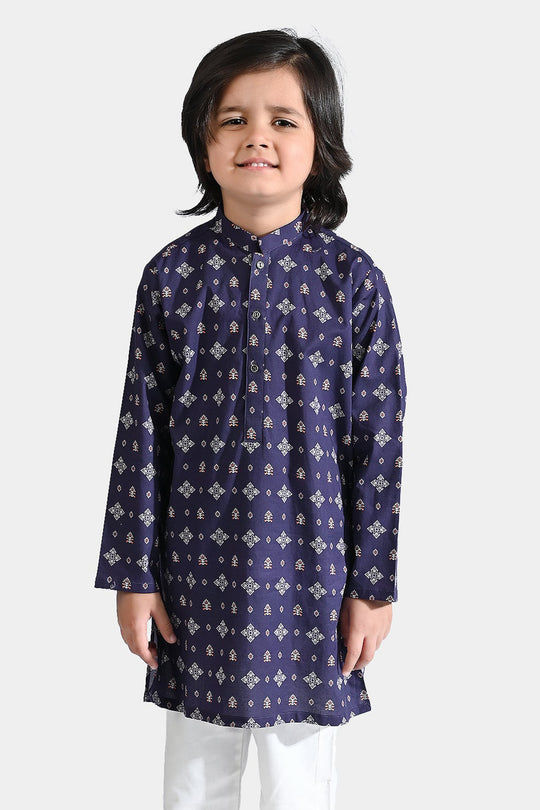 Boys Cotton Printed Kurta (Tribal Motif)-Blue
