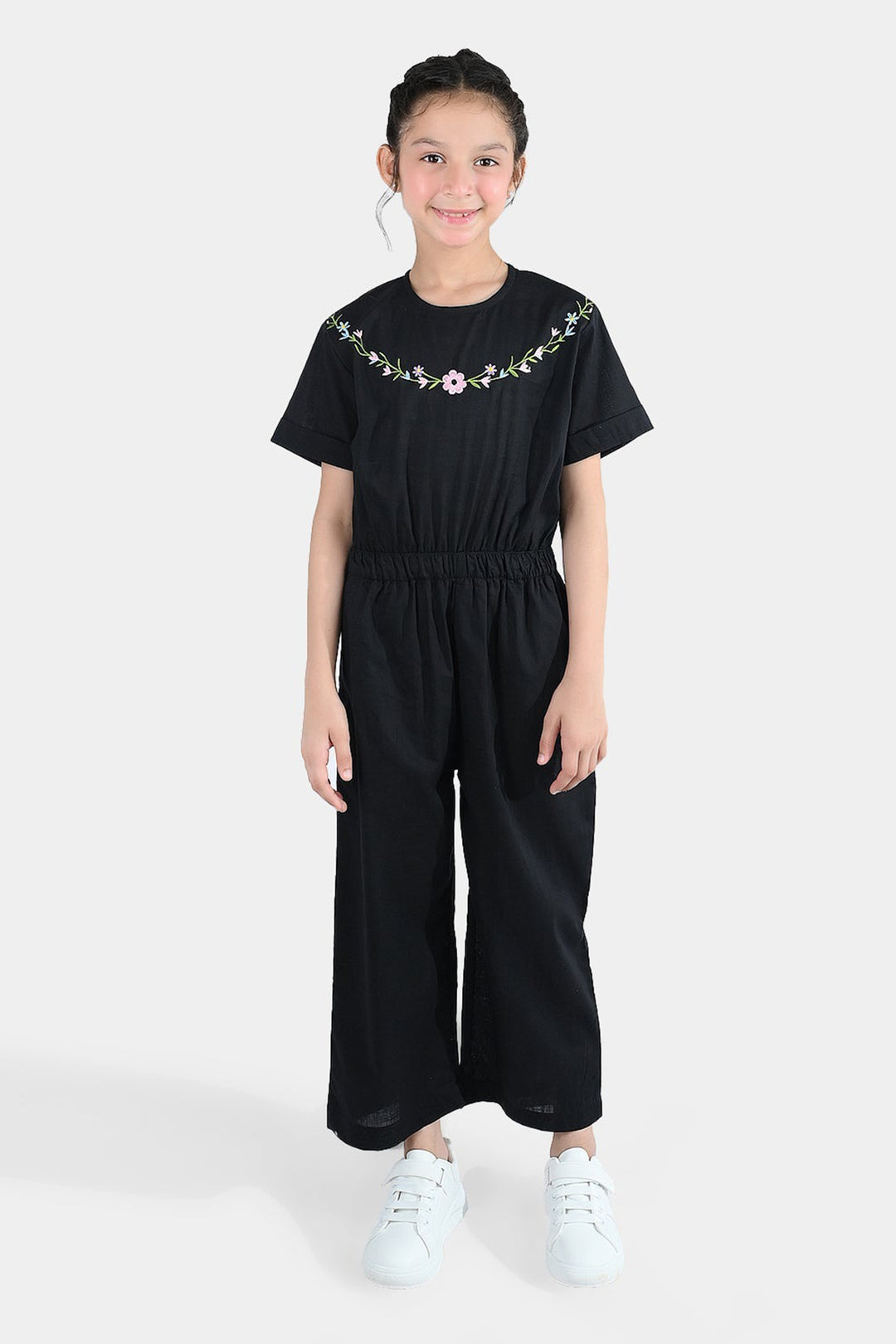 Girls Cotton Emb Jumpsuit Beauty-BLACK