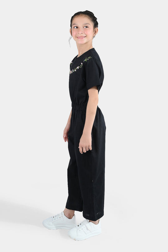 Girls Cotton Emb Jumpsuit Beauty-BLACK