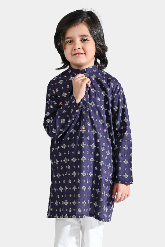 Boys Cotton Printed Kurta (Tribal Motif)-Blue