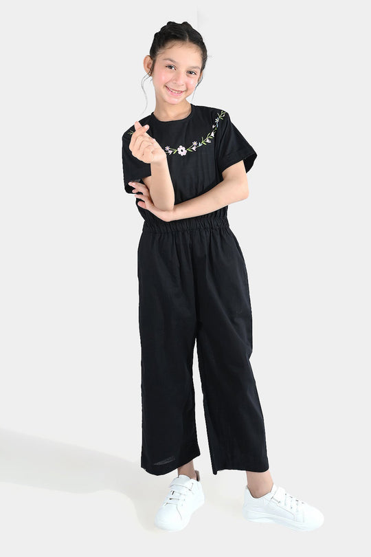 Girls Cotton Emb Jumpsuit Beauty-BLACK