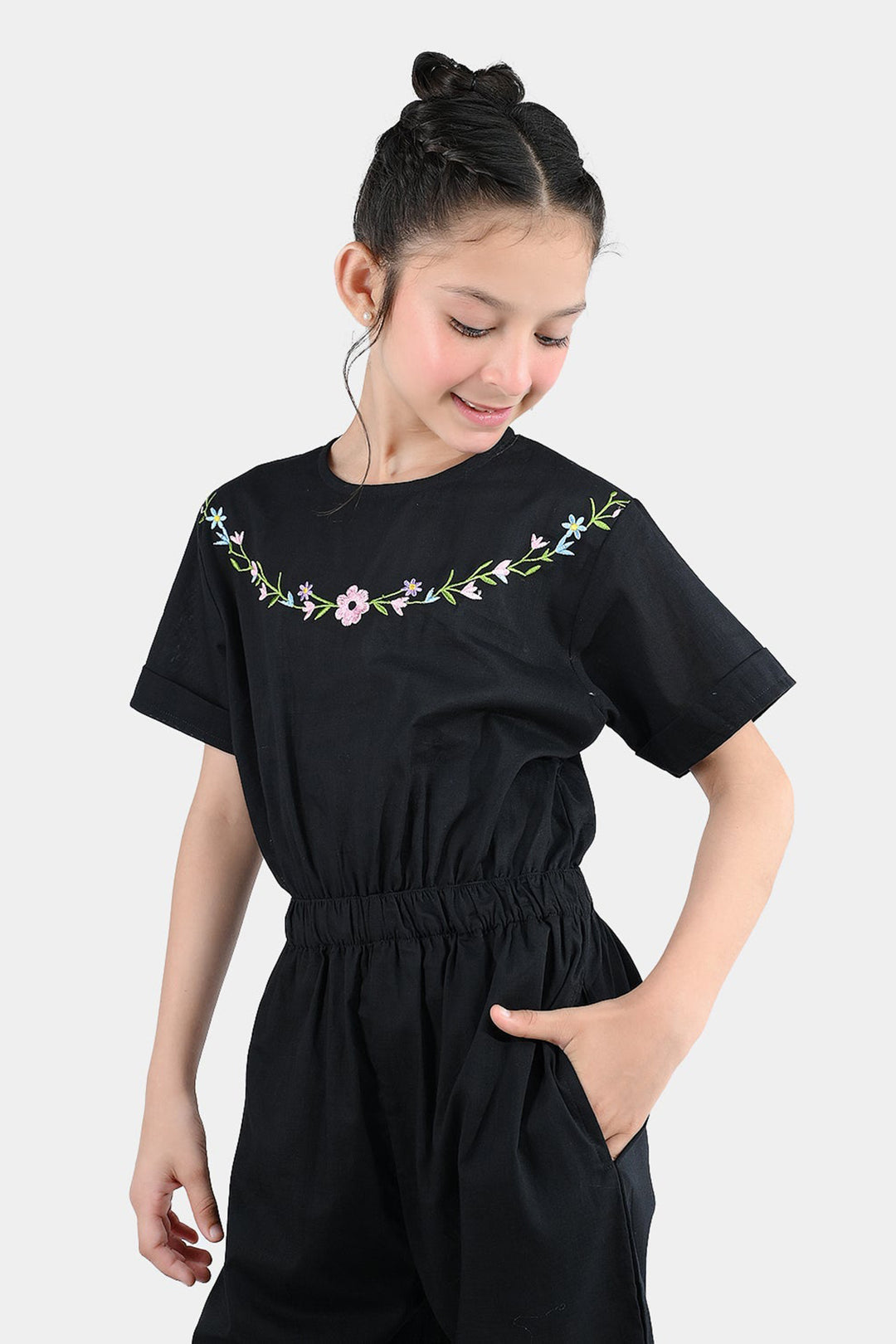 Girls Cotton Emb Jumpsuit Beauty-BLACK