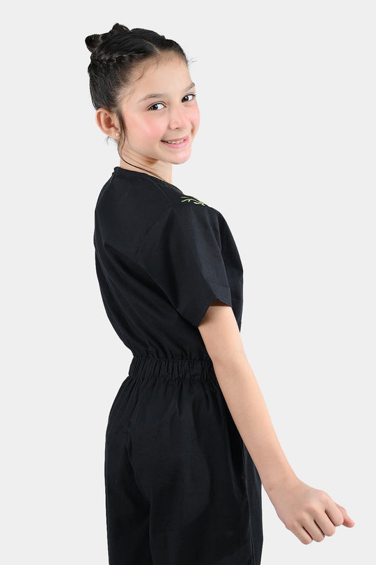Girls Cotton Emb Jumpsuit Beauty-BLACK