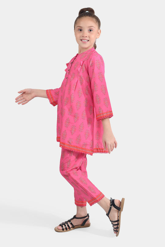 Girls Poly Cambric Printed 2 Pcs Bliss-Pink