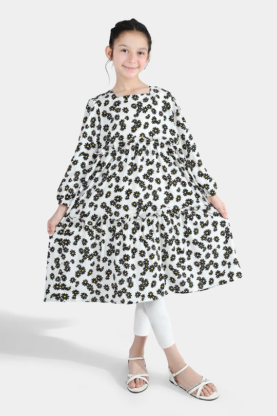Girls Polyester Printed Frock Retro-Multi