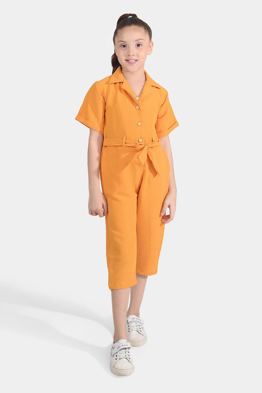 Girls Poly Cotton Jumpsuit Resort Collar-Mustard