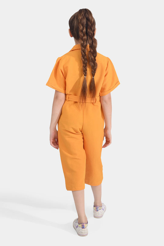 Girls Poly Cotton Jumpsuit Resort Collar-Mustard