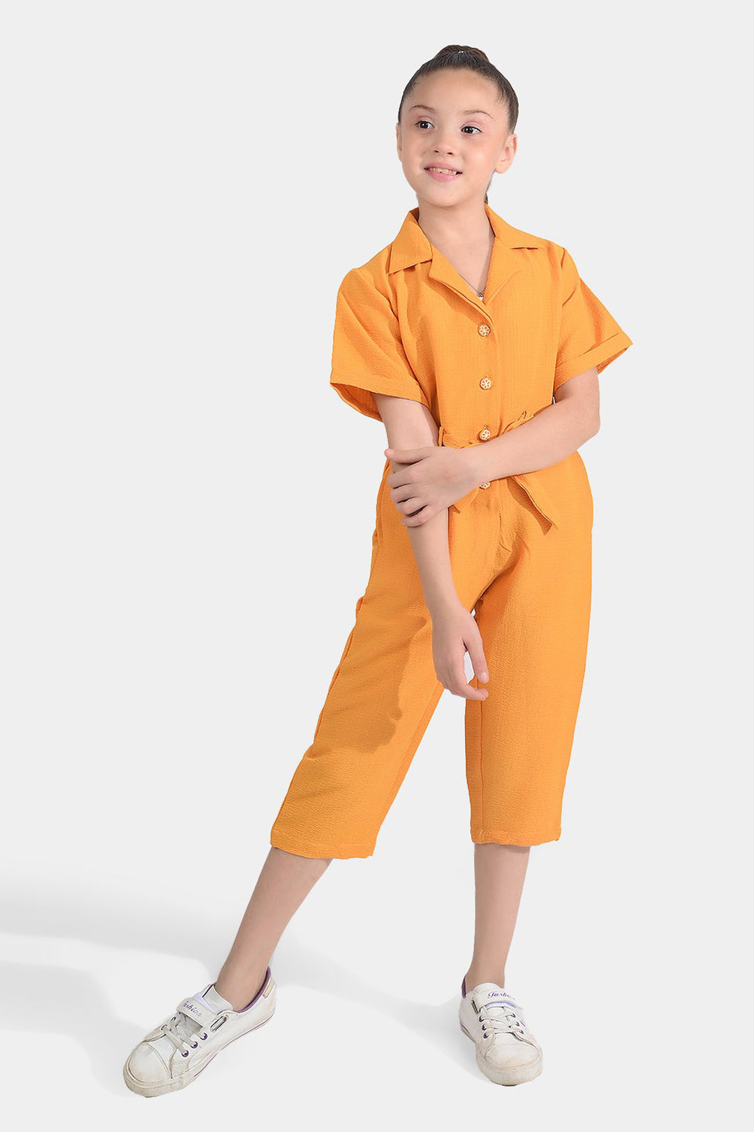 Girls Poly Cotton Jumpsuit Resort Collar-Mustard
