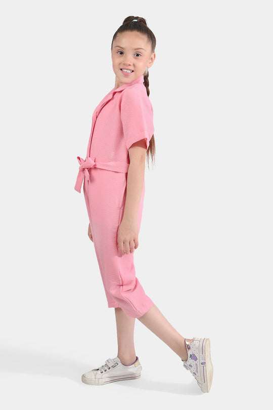 Girls Viscose Jumpsuit Resort Collar-Pink