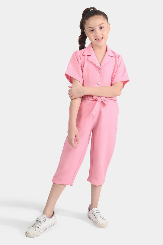 Girls Viscose Jumpsuit Resort Collar-Pink