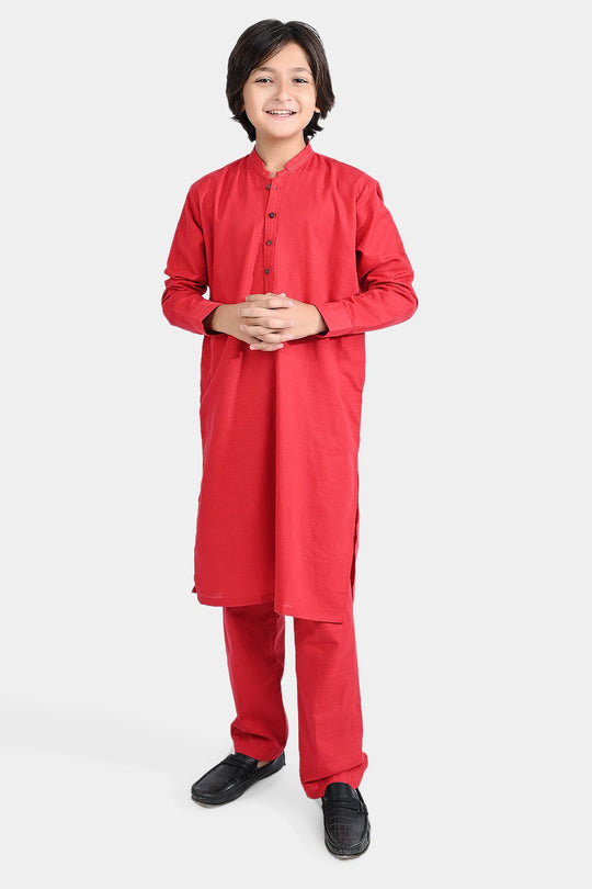 Boys Cotton Slub Shalwar Suit (Cuff Styling)-Reddish