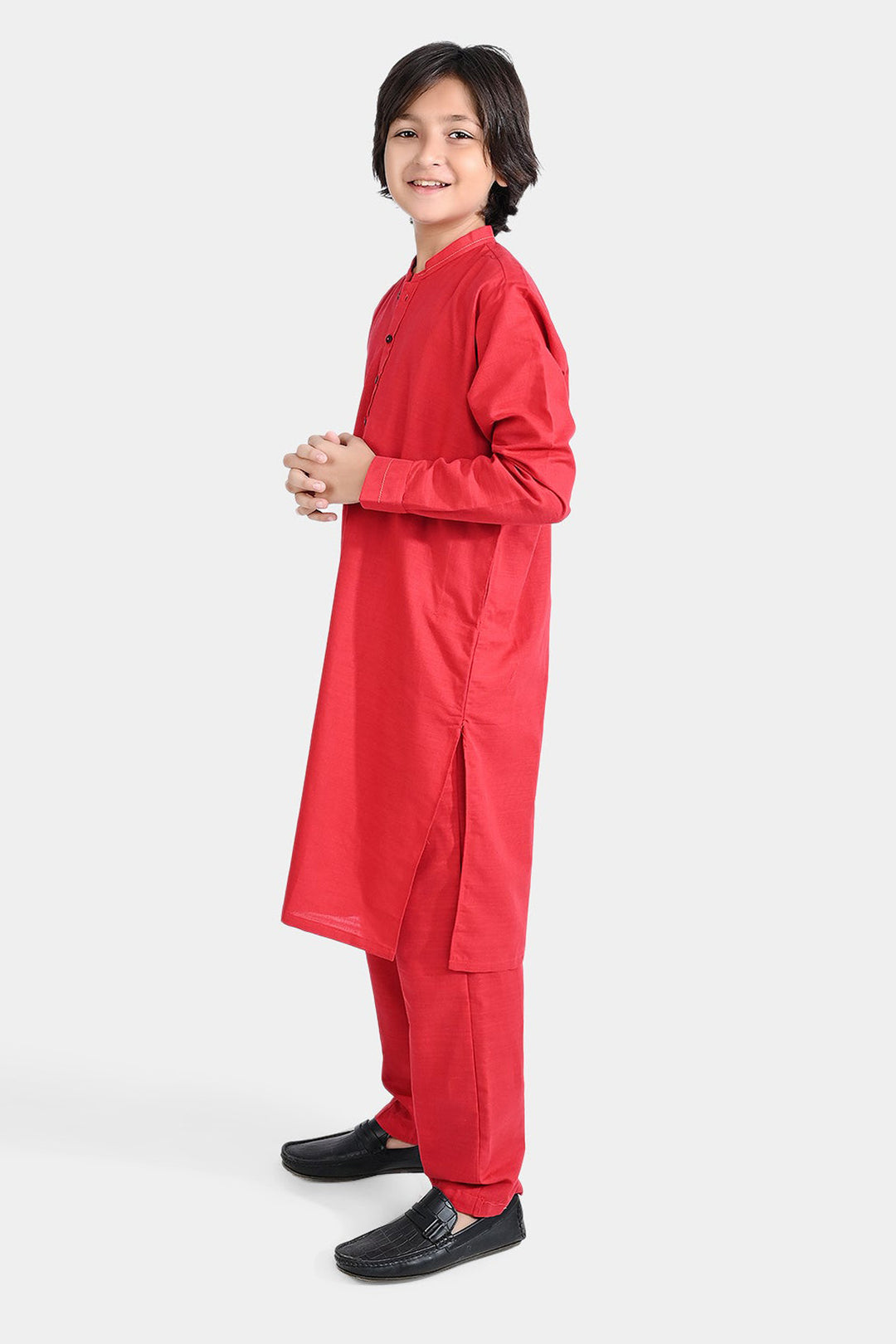 Boys Cotton Slub Shalwar Suit (Cuff Styling)-Reddish