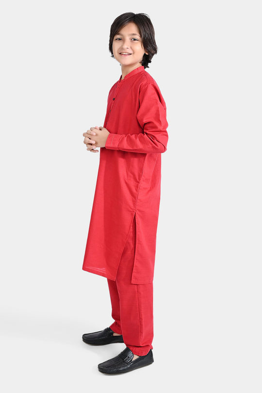 Boys Cotton Slub Shalwar Suit (Cuff Styling)-Reddish
