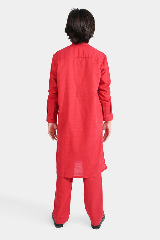 Boys Cotton Slub Shalwar Suit (Cuff Styling)-Reddish