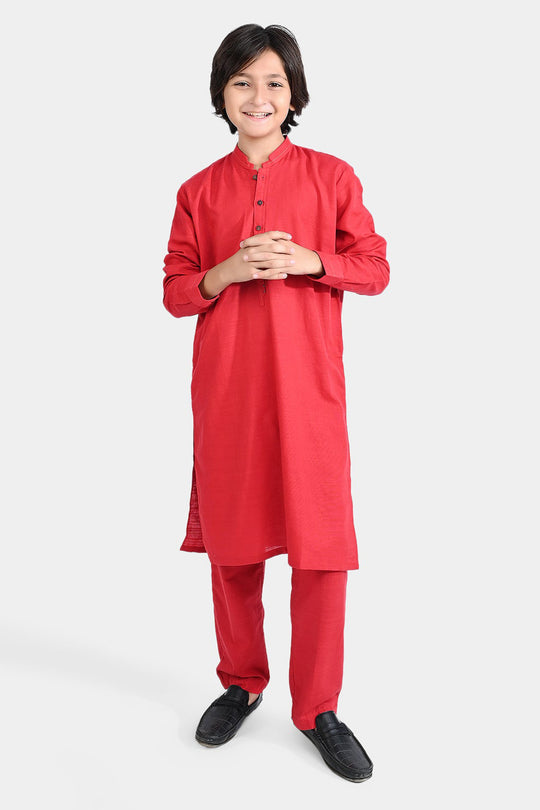 Boys Cotton Slub Shalwar Suit (Cuff Styling)-Reddish