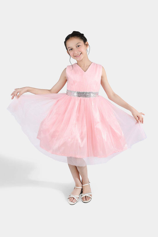 Girls Net Fancy Frock Adorable -Peach