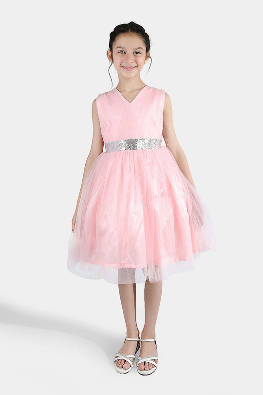Girls Net Fancy Frock Adorable -Peach