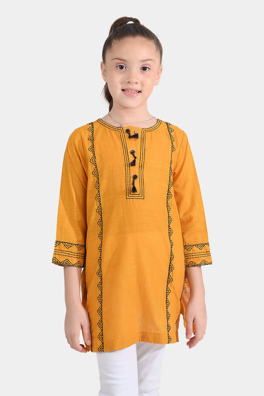 Girls Cotton Slub Emb Kurti-Mustard