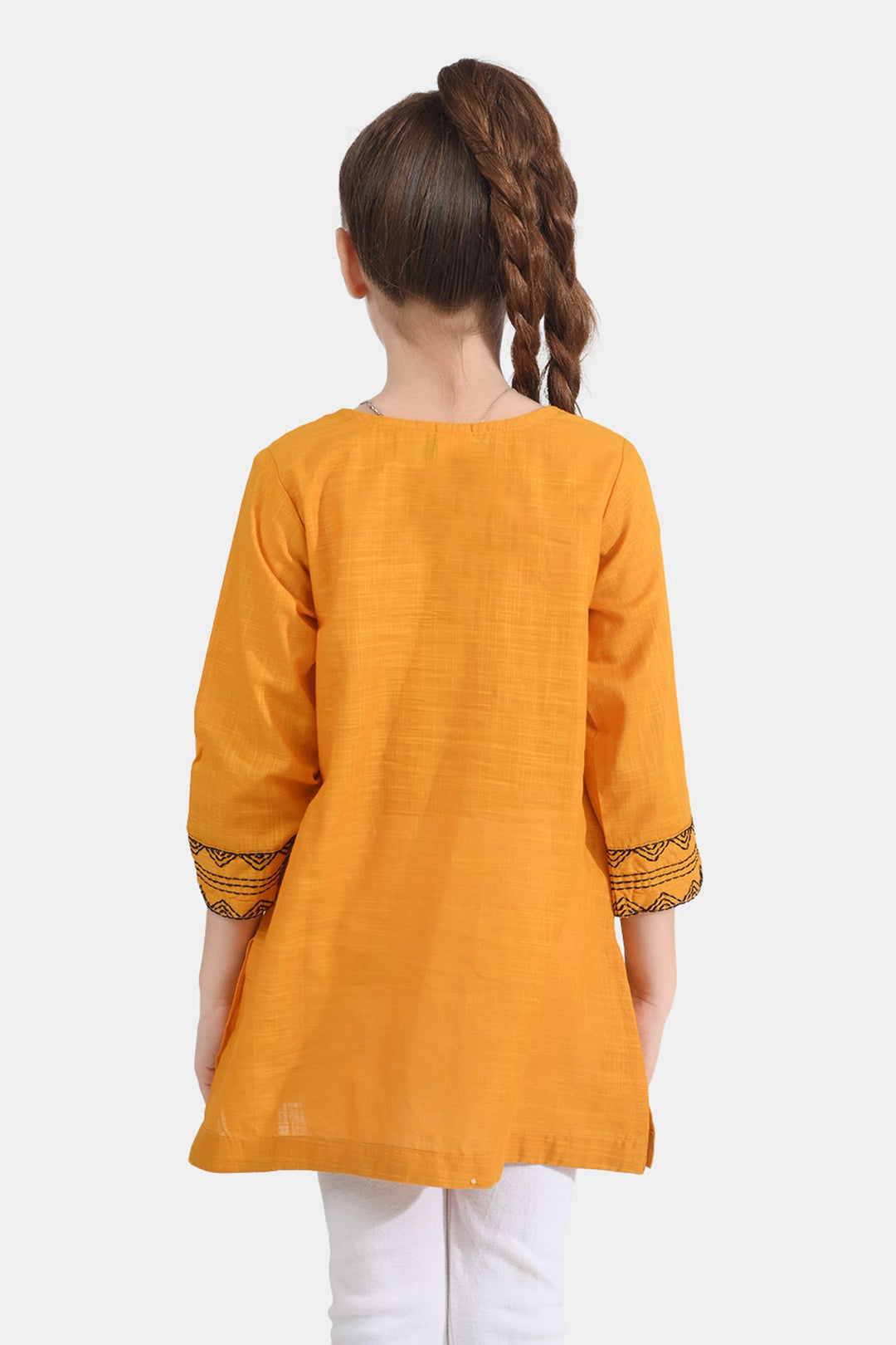 Girls Cotton Slub Emb Kurti-Mustard