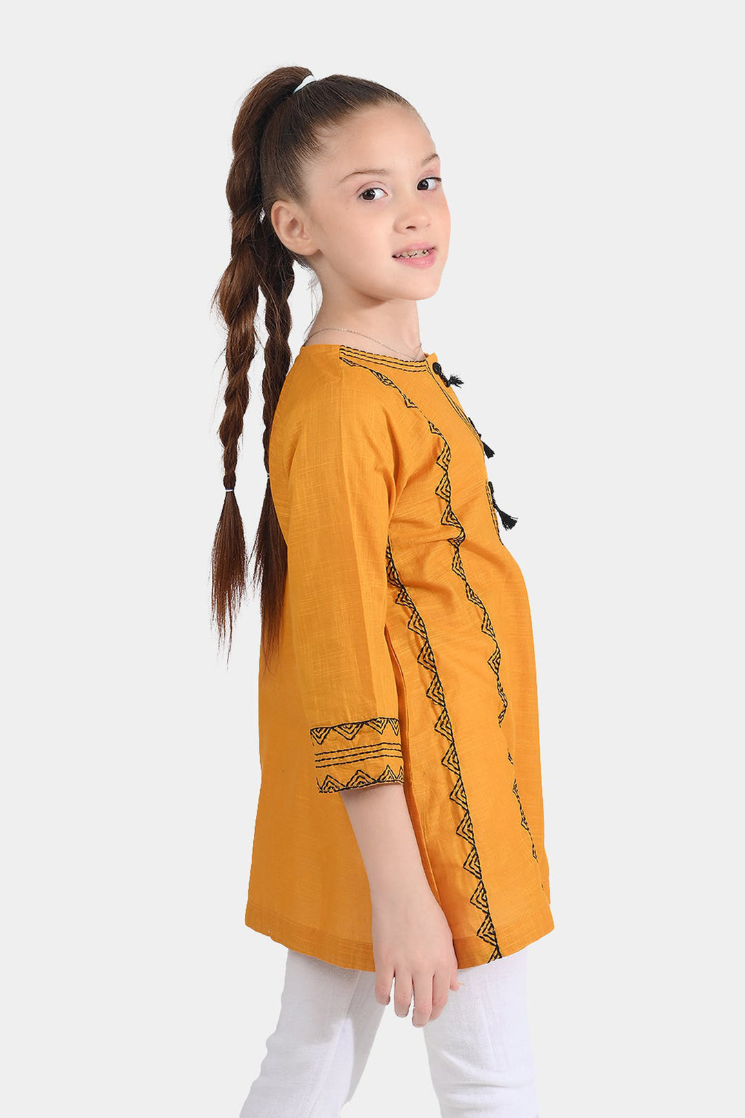 Girls Cotton Slub Emb Kurti-Mustard