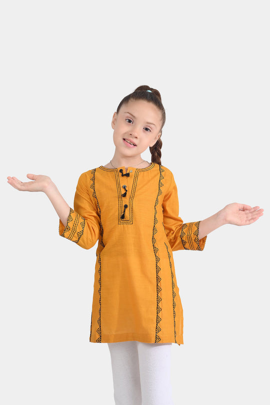 Girls Cotton Slub Emb Kurti-Mustard