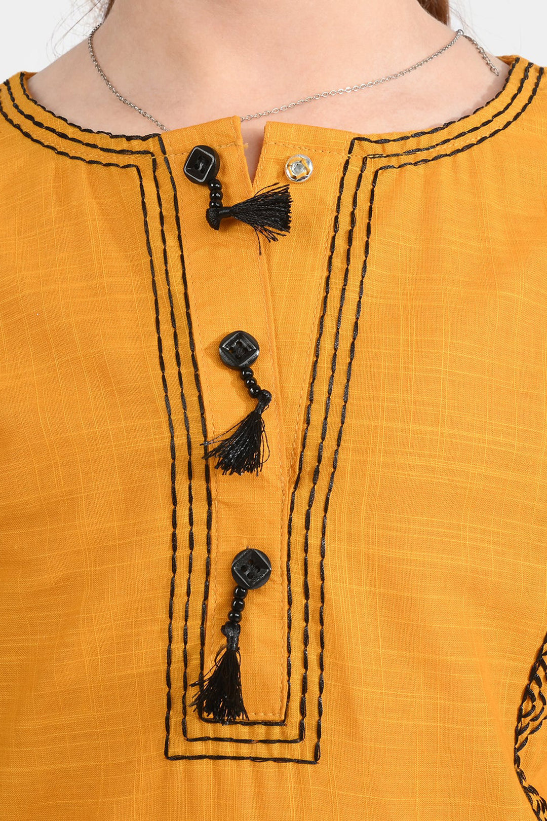 Girls Cotton Slub Emb Kurti-Mustard