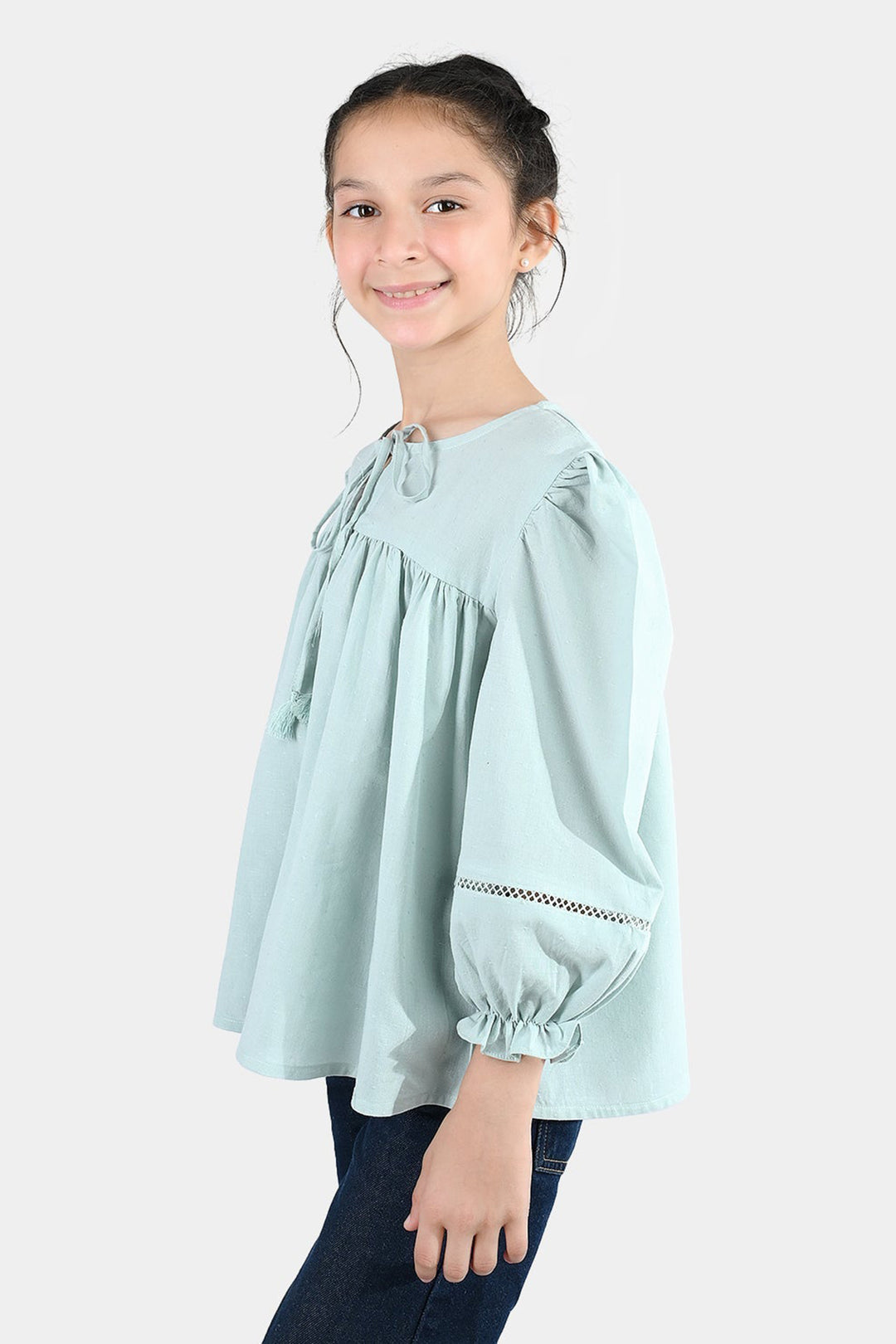 Girls Jacquard Casual Top - Smoke Green