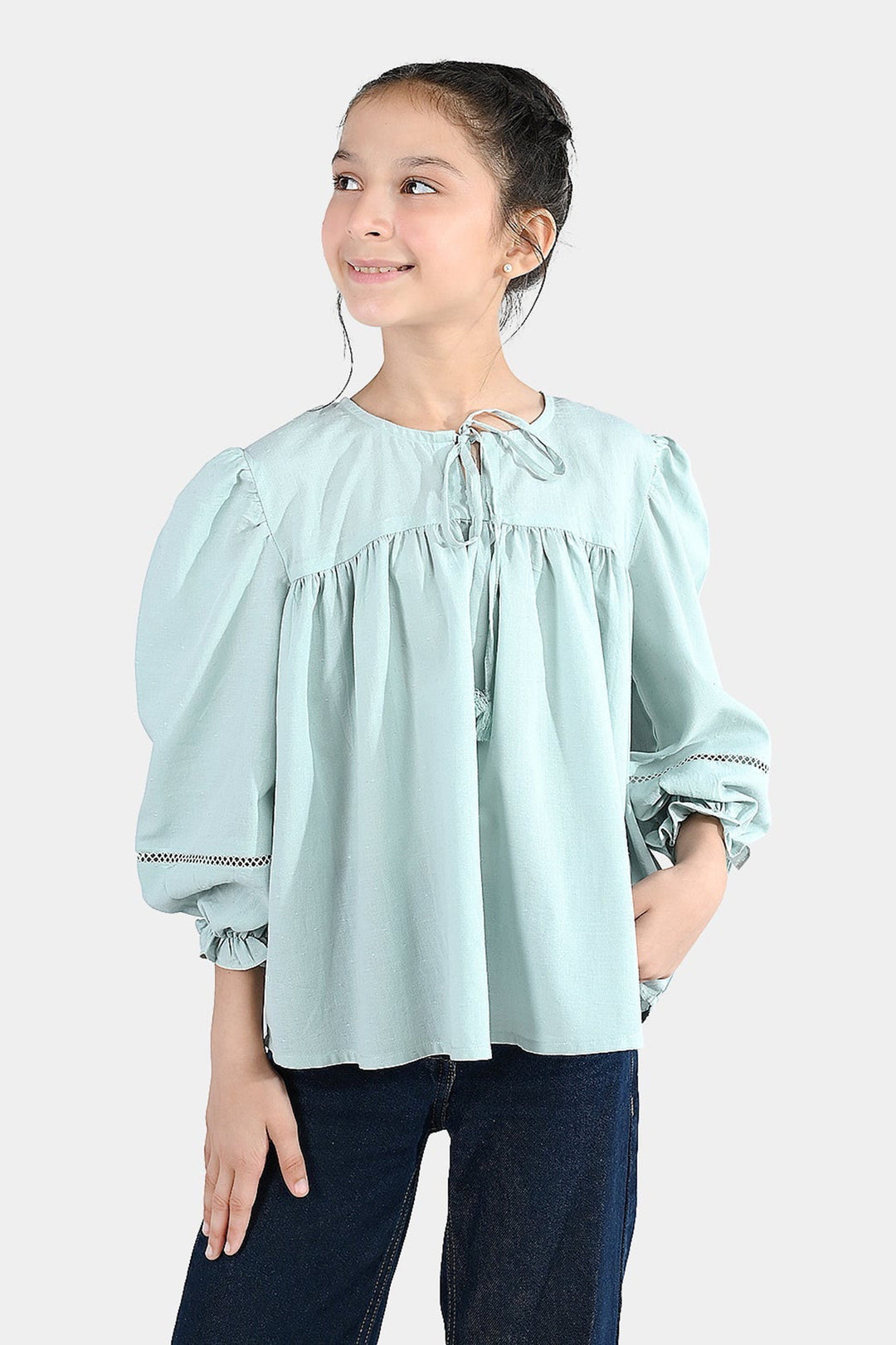 Girls Jacquard Casual Top - Smoke Green